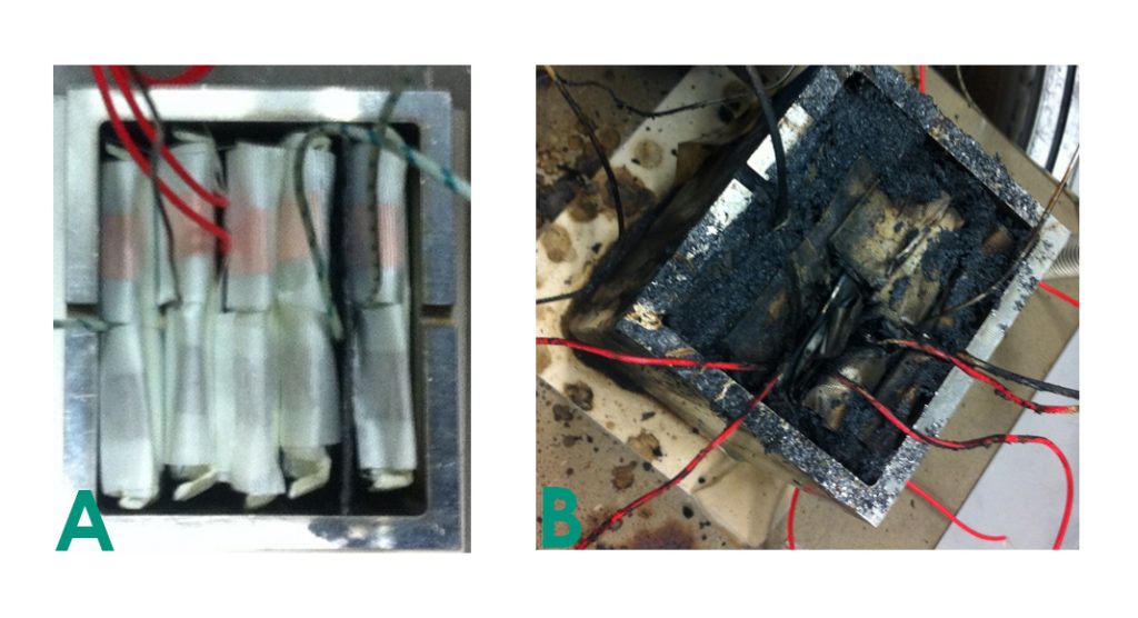 Fig. 5: Thermal propagation tests in an ARC: a) A setup with heat protection barrier between cells four and five; b) A destroyed battery pack after test with an unsuitable heat protection barrier