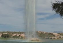 Laser beams utilised to create an upward water fountain Laser beams
