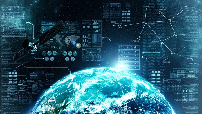 Concept,Of,Internet,Connection,Via,Satellite,Communication,In,Outer,Space,Mobile,Networks,In,Space