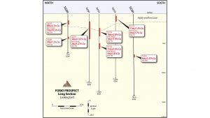 Long-section of RC drill holes TLC201 and TLC203 recently drilled to test for extension of the high-grade copper mineralisation