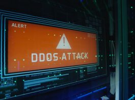 Close up shot of a computer login screen in a modern data center then appear message ddos attack