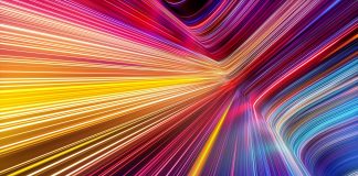 3d render, abstract background with colorful spectrum. Bright pink yellow neon rays and glowing lines, representing quantum technology