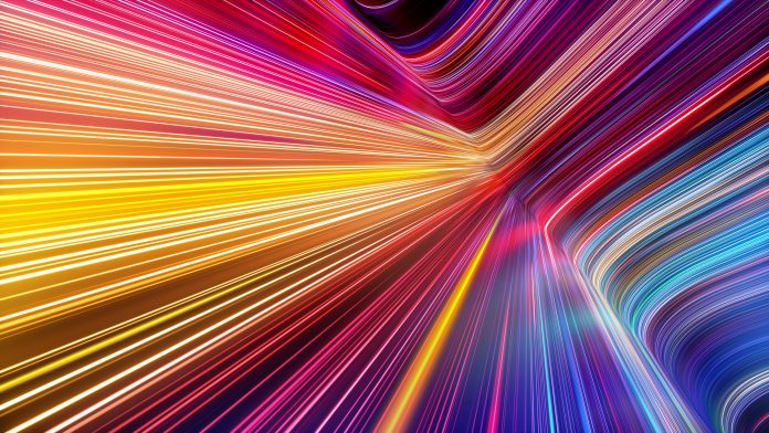 3d render, abstract background with colorful spectrum. Bright pink yellow neon rays and glowing lines, representing quantum technology