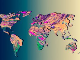 Roughly outlined world map with a colorful background patterns, earths continents