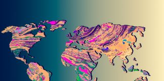 Roughly outlined world map with a colorful background patterns, earths continents