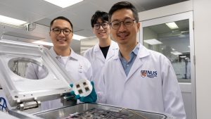 Perovskite solar cells designed by Assistant Professor Hou Yi (right), Mr Wang Xi (centre), Dr Li Jia (left) and their team at the National University of Singapore