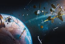 Aerial,View,Of,Earth,Surrounded,By,Space,Junk,From,Space