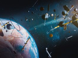 Aerial,View,Of,Earth,Surrounded,By,Space,Junk,From,Space
