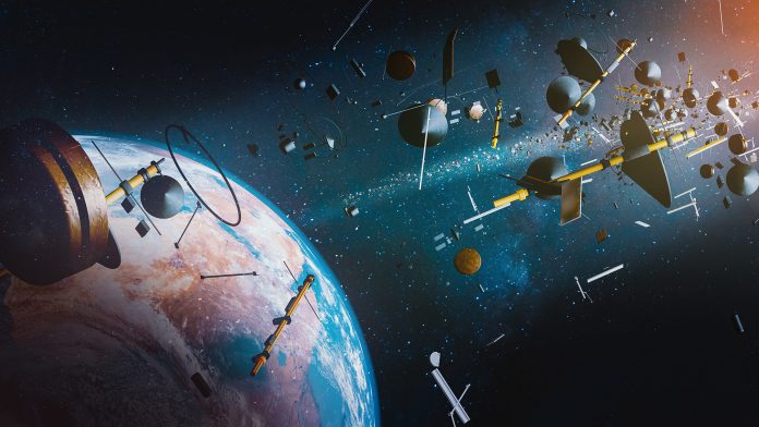 Aerial,View,Of,Earth,Surrounded,By,Space,Junk,From,Space
