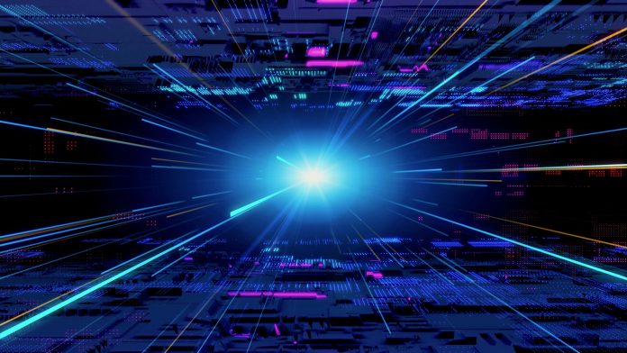 Laser,Beam,Running,Through,Cyberspace.,Communication,Network,Quantum,Space,Technology,Concept.