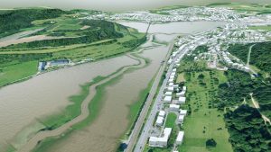 Snapshot of a photo-realistic video generation. This particular example shows the results of a numerical model simulation of city-wide flood risk