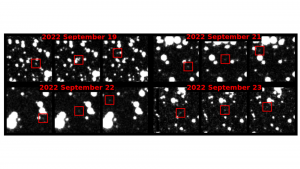 Discovery images from the ATLAS survey, with 2022 SF289 visible in the red boxes