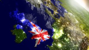 United,Kingdom,With,Embedded,Flag,On,Planet,Surface,During,Sunrise.Global,Space,Race