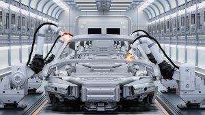 Automation,Automobile,Factory,Concept,With,3d,Rendering,Robot,Assembly,Line,