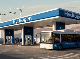 Fuel,Cell,Bus,At,The,Hydrogen,powered,transport,at,a,Filling,Station.,Concept