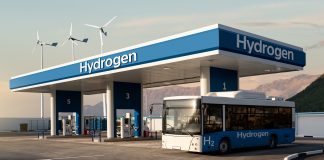 Fuel,Cell,Bus,At,The,Hydrogen,powered,transport,at,a,Filling,Station.,Concept