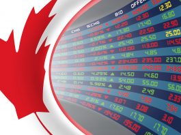 National,Flag,Of,Canada,With,A,Large,Display,Of,Daily,TSX,Venture,Exchange