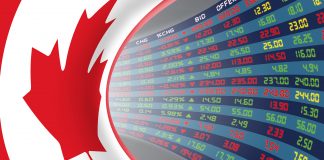 National,Flag,Of,Canada,With,A,Large,Display,Of,Daily,TSX,Venture,Exchange