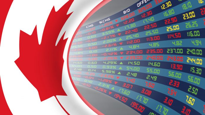 National,Flag,Of,Canada,With,A,Large,Display,Of,Daily,TSX,Venture,Exchange