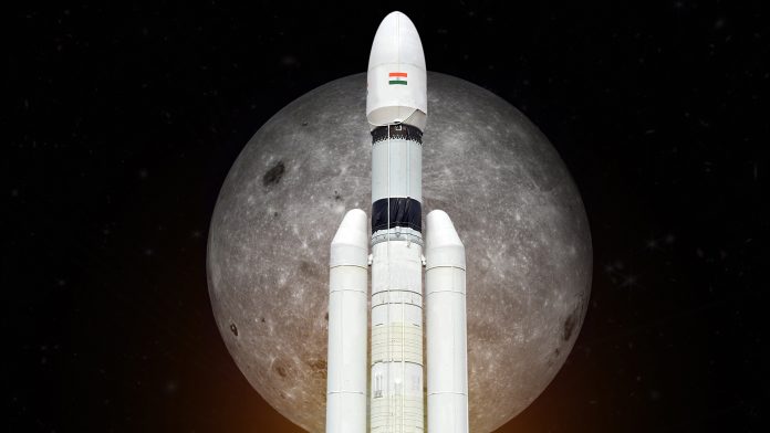 Chennai,,India,,14th,July,2023:,Chandrayaan,3,With,Moon,Background.Chandrayaan-3,
