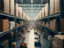 A smart warehouse with a robot moving boxes on the floor and a man in a forklift in the middle of the aisle a 3d render machine intelligence Digital 3d Art render