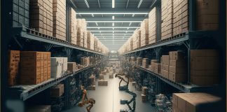 A smart warehouse with a robot moving boxes on the floor and a man in a forklift in the middle of the aisle a 3d render machine intelligence Digital 3d Art render