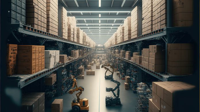 A smart warehouse with a robot moving boxes on the floor and a man in a forklift in the middle of the aisle a 3d render machine intelligence Digital 3d Art render