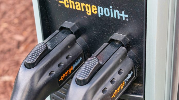 Close,Up.,Chargepoint,Commercial,Dual,Port,Ev,Electric,Vehicle,Charging,EV,Chargepoints