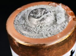 Potassium-Ion,Battery,Carbonate,Incrustation,On,The,"+",End,Of,The,Leaked