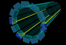 Pushing the limits of DIRC technology: The next generation particle detector hpDIRC detector in a Geant4 simulation displaying segmented images for multiple accumulated pions firing at three selected configurations