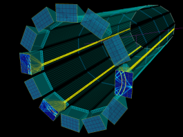 hpDIRC detector in a Geant4 simulation displaying segmented images for multiple accumulated pions firing at three selected configurations