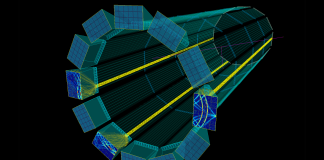 hpDIRC detector in a Geant4 simulation displaying segmented images for multiple accumulated pions firing at three selected configurations