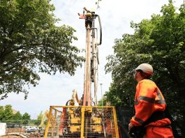 A drilling rig during the construction of the Living Laboratory.