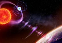 How radio bursts reveal the unique location of dwarf stars Artist's impression of a red dwarf (left) and a white dwarf orbiting each other, emitting radio pulses.