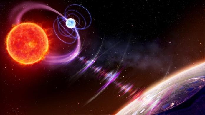 Artist's impression of a red dwarf (left) and a white dwarf orbiting each other, emitting radio pulses.