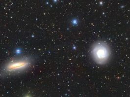 A high-resolution colour image showing the central galaxies NGC5713 and NGC5719 taken by the Hyper Suprime-Cam at the Subaru telescope in Hawaii.