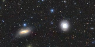 A high-resolution colour image showing the central galaxies NGC5713 and NGC5719 taken by the Hyper Suprime-Cam at the Subaru telescope in Hawaii.