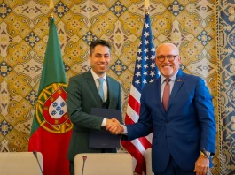Hugo Costa, executive director for the Portuguese Space Agency, and U.S. Ambassador to Portugal John J. Arrigo pose for a photo on Jan. 12 during a ceremony in Lisbon, Portugal, to mark the country’s signing of the Artemis Accords.