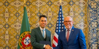 Hugo Costa, executive director for the Portuguese Space Agency, and U.S. Ambassador to Portugal John J. Arrigo pose for a photo on Jan. 12 during a ceremony in Lisbon, Portugal, to mark the country’s signing of the Artemis Accords.